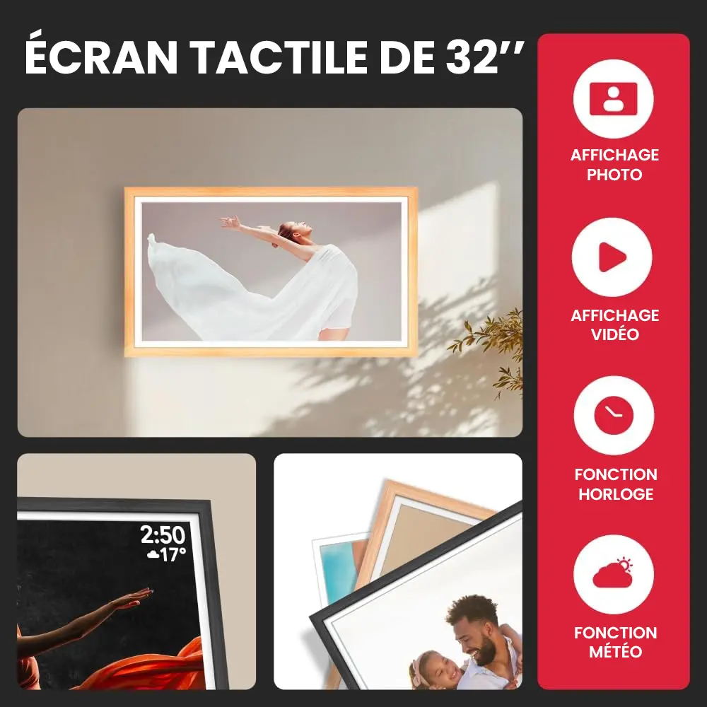 Grand écran tactile géant de 32 pouces AgfaPhoto suspendu au mur dans un salon moderne, affichant un paysage haute définition.