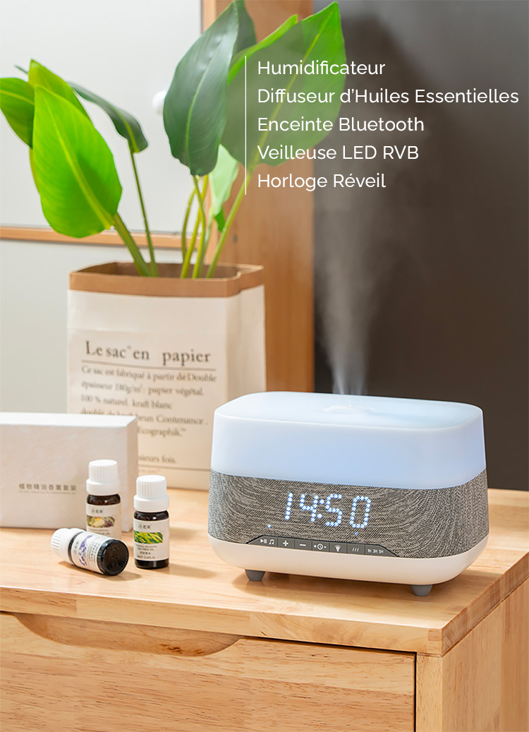 Humidificateur & Diffuseur d'Huiles Essentielles avec Enceinte Bluetooth | Horloge | Réveil