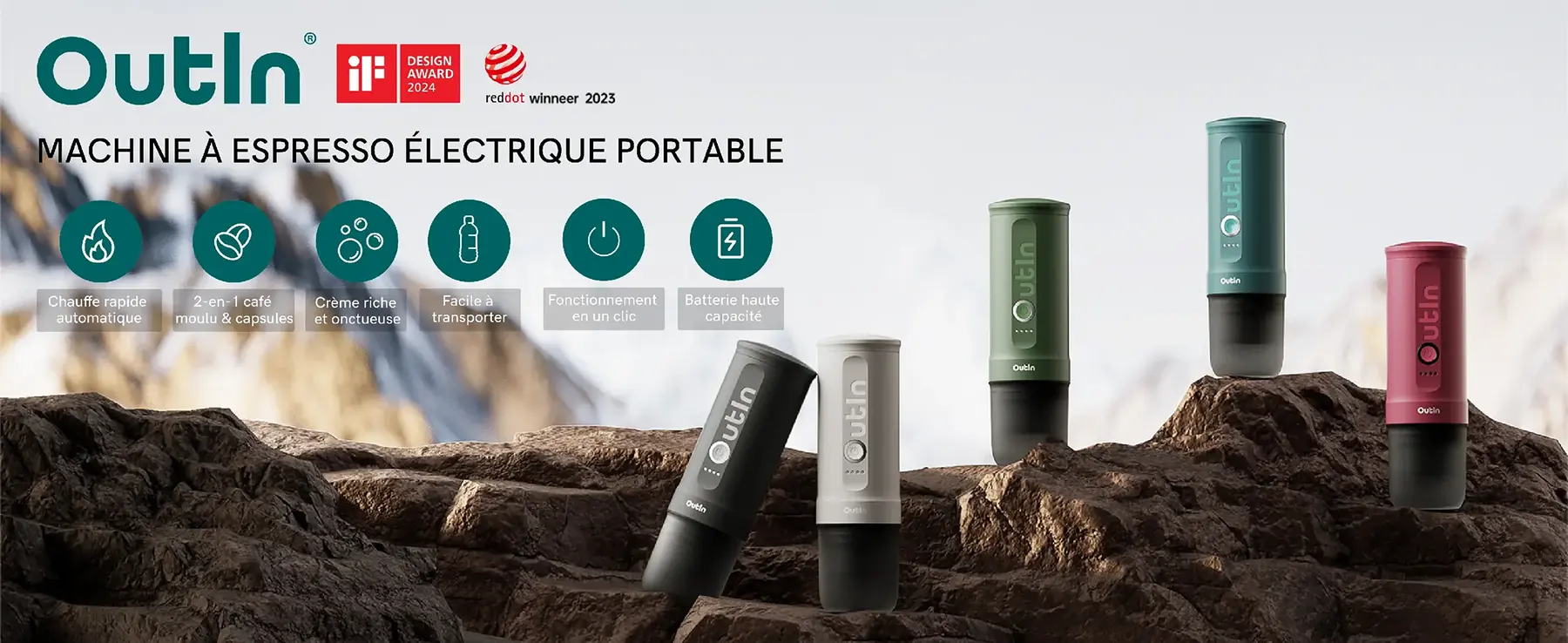 Machine à Espresso Portable OutIn Nano avec extraction haute pression 20 bars, compatible café moulu et capsules. Visuel mettant en avant le design compact, la chauffe rapide et l'utilisation nomade pour préparer un espresso de qualité où que vous soyez.