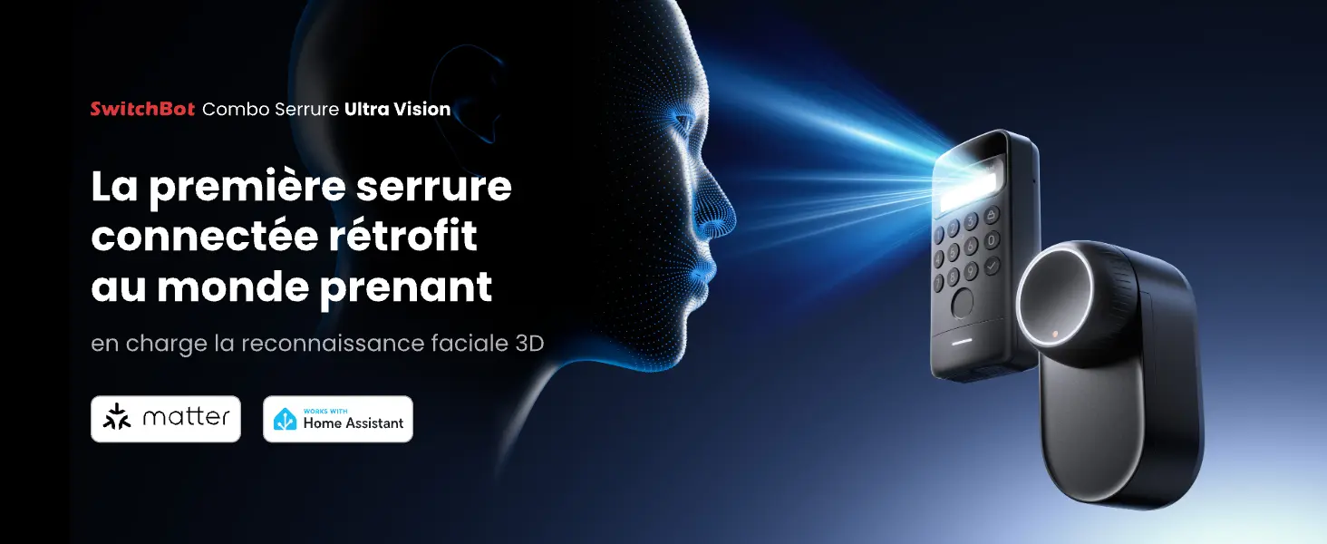 Bannière publicitaire SwitchBot Combo Serrure Ultra Vision présentant la première serrure connectée rétrofit au monde prenant en charge la reconnaissance faciale 3D avec logos de compatibilité Matter et Home Assistant