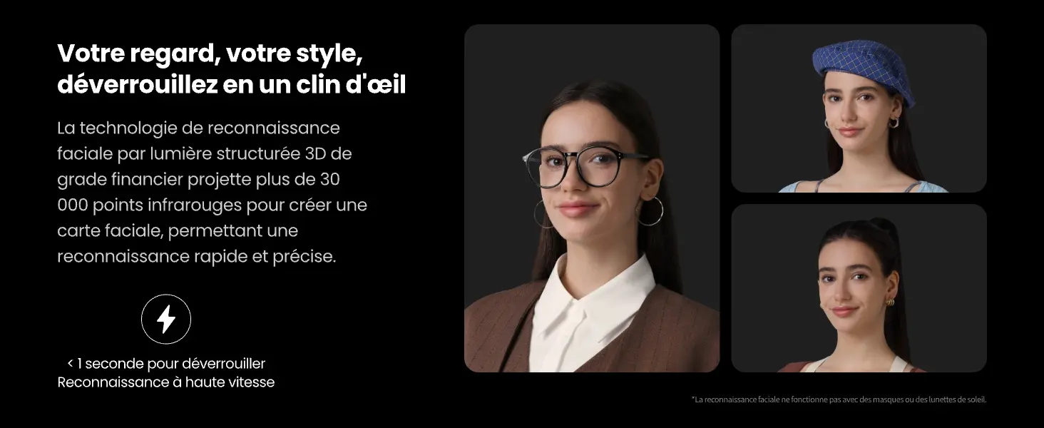 Technologie de reconnaissance faciale à haute vitesse par lumière structurée 3D de grade financier projetant plus de 30 000 points infrarouges pour un scan facial précis en moins d'une seconde, compatible avec le port de lunettes ou bonnet.