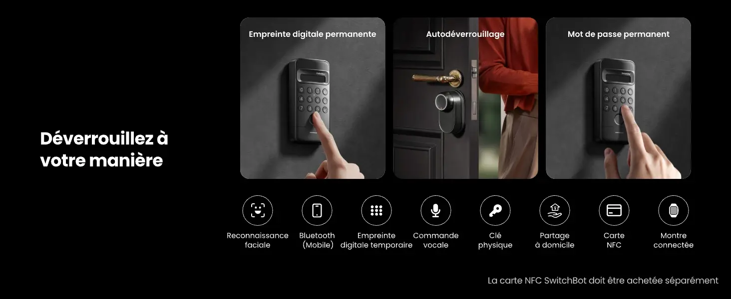 Système d'alimentation Triple Protection unique de la serrure SwitchBot Lock Ultra Vision : pack batterie lithium 18350 principale de 4200 mAh, batterie de secours et supercondensateur d'urgence pour une autonomie jusqu'à 12 mois.