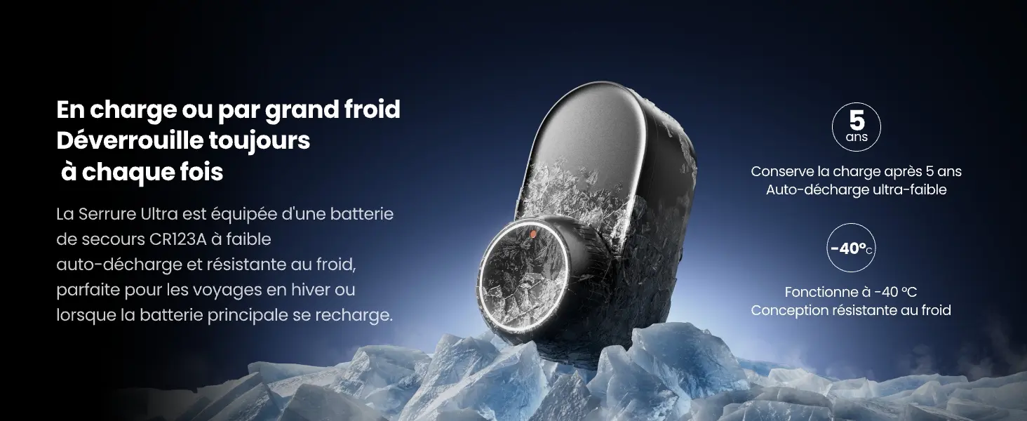 Conception robuste et résistance aux intempéries extrêmes : le clavier à reconnaissance faciale et la serrure SwitchBot Lock Ultra fonctionnent parfaitement sur une plage de température allant de -40°C à +60°C.