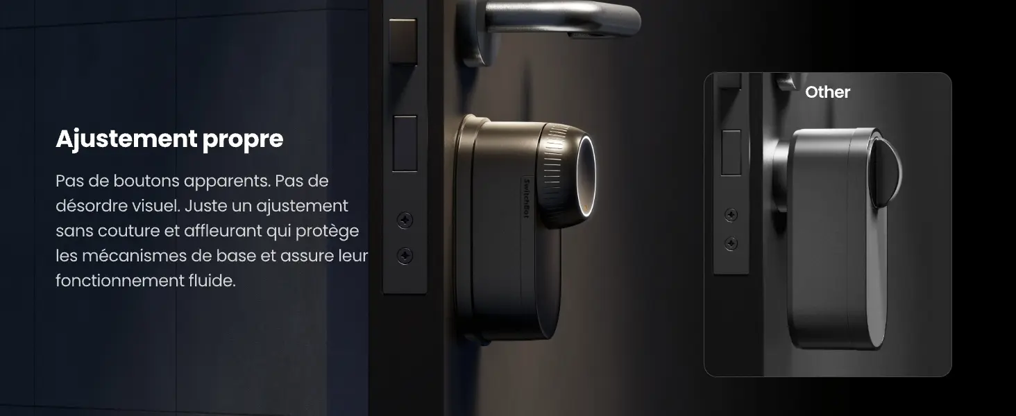 Design affleurant et ajustement propre de la serrure connectée SwitchBot Lock Ultra Vision : conception sans boutons apparents ni désordre visuel protégeant les mécanismes internes pour un fonctionnement fluide.