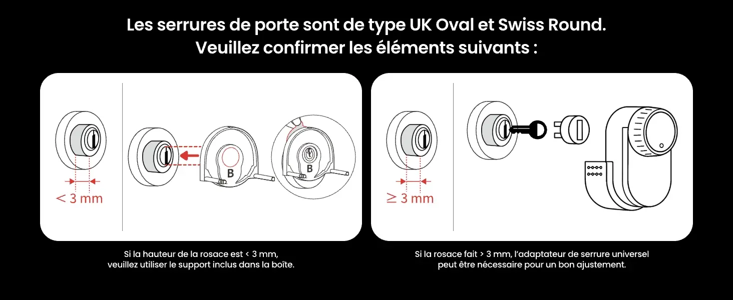 Instructions de montage pour serres UK Oval et Swiss Round : guide d'installation selon la hauteur de la rosace inférieure ou supérieure à 3 millimètres pour un ajustement parfait du support de la serrure SwitchBot.