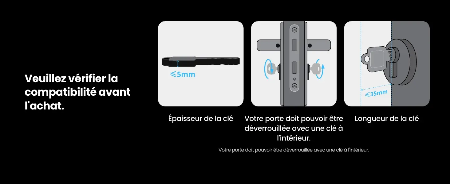 Critères requis de compatibilité de la clé avant achat : épaisseur maximale de la clé inférieure ou égale à 5 millimètres, longueur inférieure à 35 millimètres et obligation de déverrouillage possible avec clé insérée à l'intérieur.