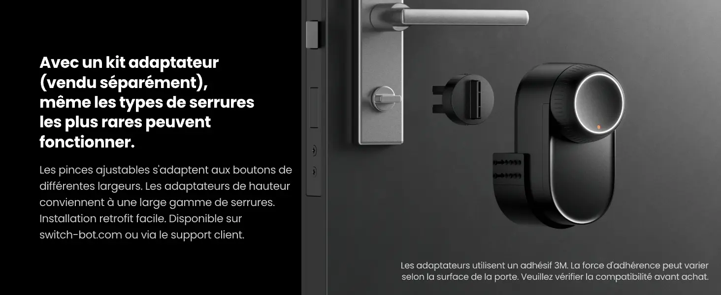 Kit adaptateur universel SwitchBot pour serrures rares : pinces ajustables pour boutons de différentes largeurs et adaptateurs de hauteur pour installation retrofit facile avec adhésif 3M robuste.