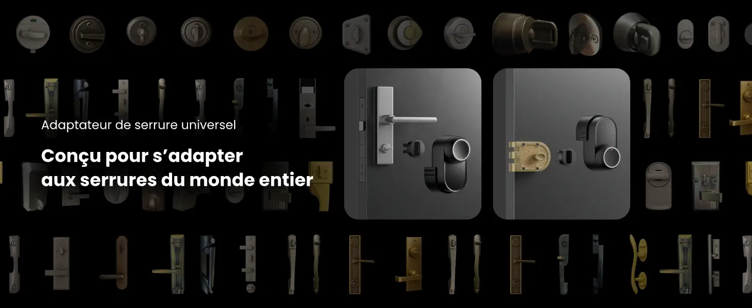 Adaptateur de serrure universel conçu pour s'adapter aux mécanismes et poignées de portes du monde entier, assurant une installation domotique fluide et ergonomique.
