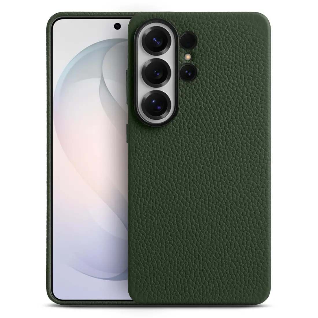 Galaxy S26 Ultra – Coque MagSafe MELKCO Regal en Cuir Véritable Litchi - Coloris Vert Pin