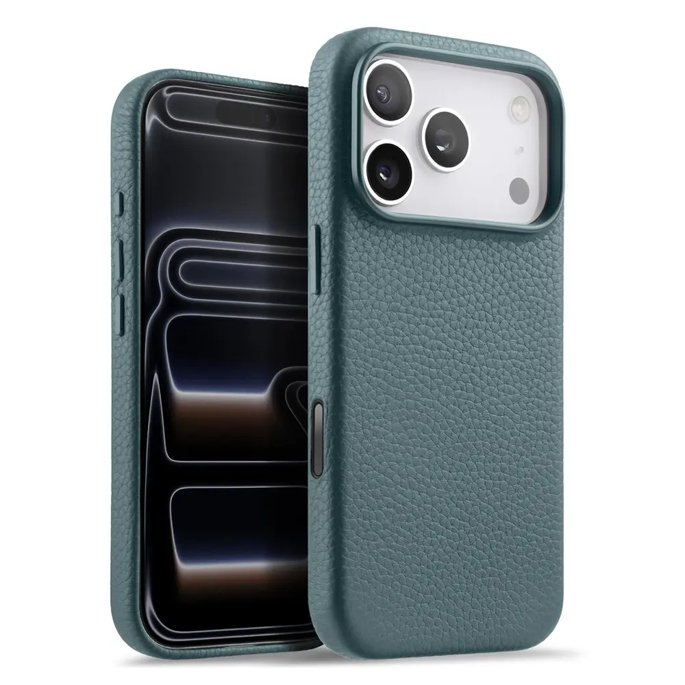iPhone 17 Pro – Coque MagSafe MELKCO Regal en Cuir Véritable Litchi Coloris Bleu ciel