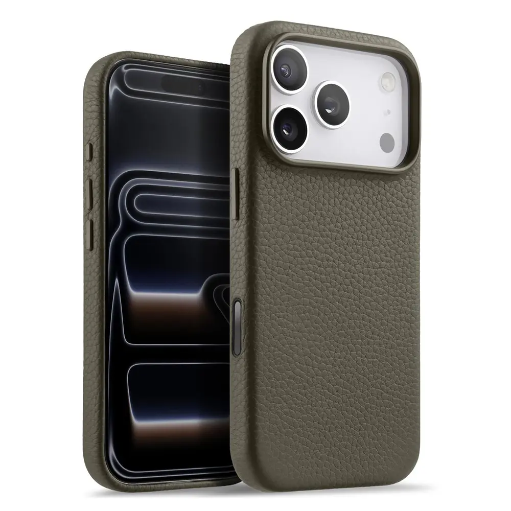 iPhone 17 Pro – Coque MagSafe MELKCO Regal en Cuir Véritable Litchi Coloris Gris