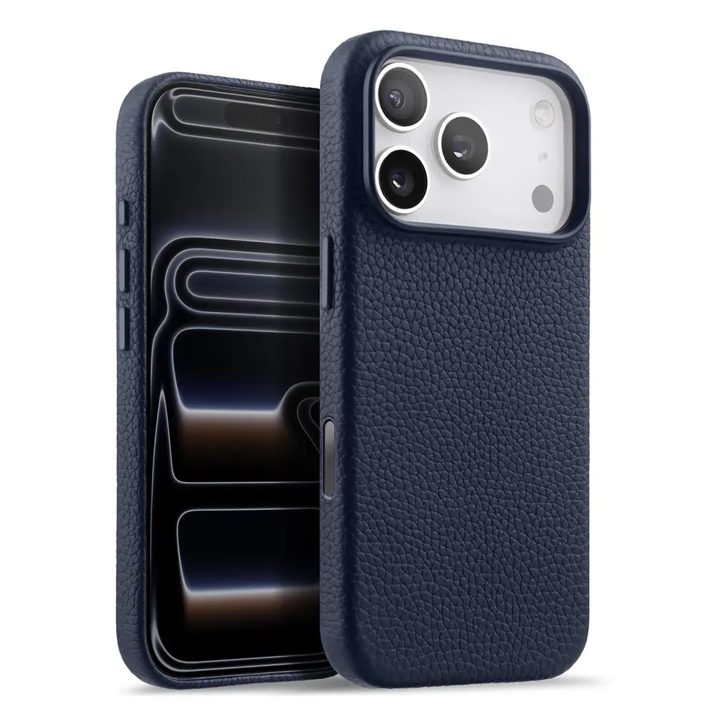 iPhone 17 Pro – Coque MagSafe MELKCO Regal en Cuir Véritable Litchi Coloris Bleu Marine