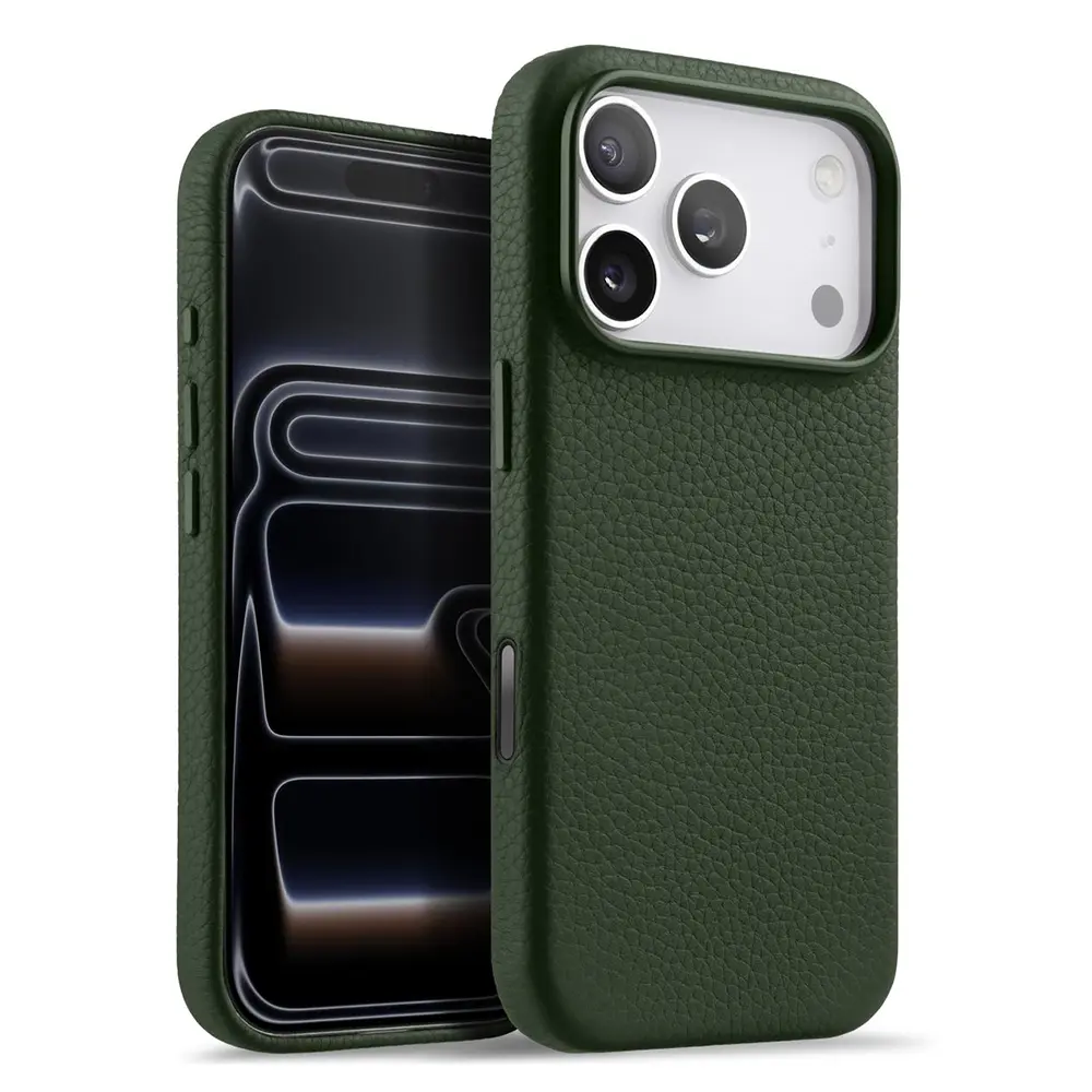 iPhone 17 Pro – Coque MagSafe MELKCO Regal en Cuir Véritable Litchi Coloris Vert pin