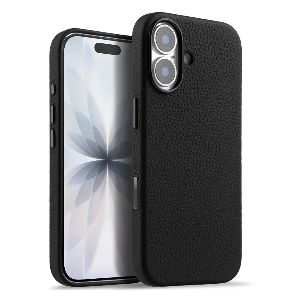 iPhone 17 – Coque MagSafe MELKCO Regal en Cuir Véritable Litchi Coloris Noir
