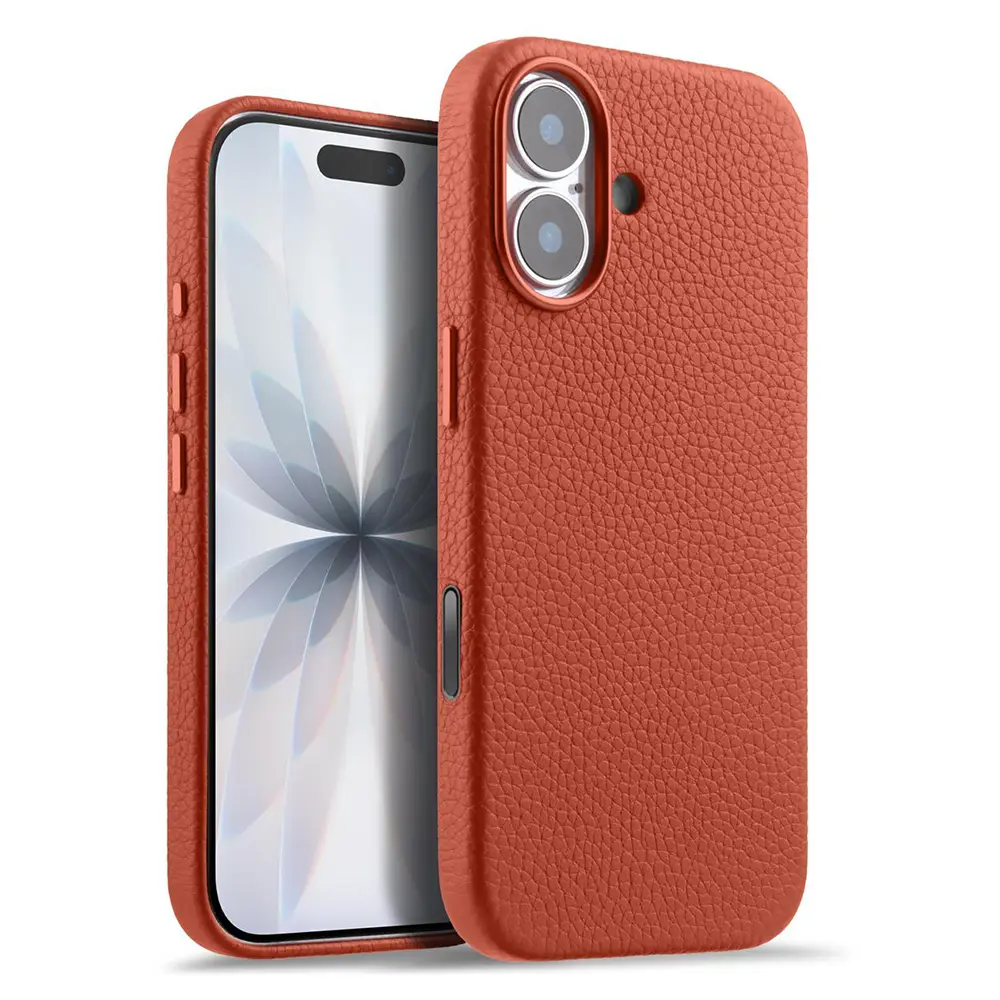 iPhone 17 – Coque MagSafe MELKCO Regal en Cuir Véritable Litchi Coloris Orange