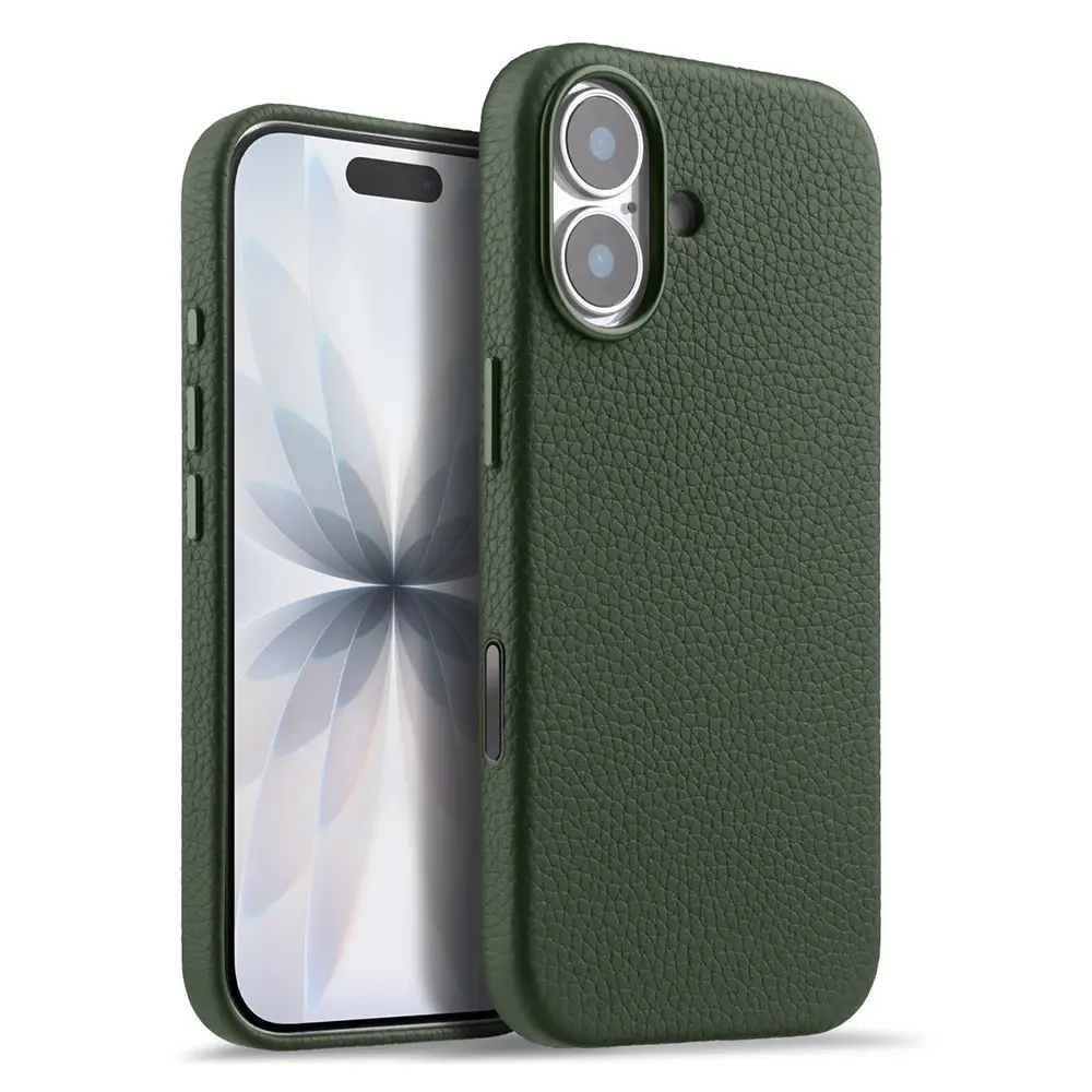 iPhone 17 – Coque MagSafe MELKCO Regal en Cuir Véritable Litchi Coloris Vert pin