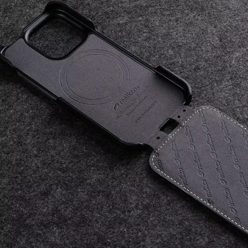 iPhone 17 – Étui Vertical MagSafe MELKCO Jacka en Cuir Véritable Litchi - Anneau magnétique invisible