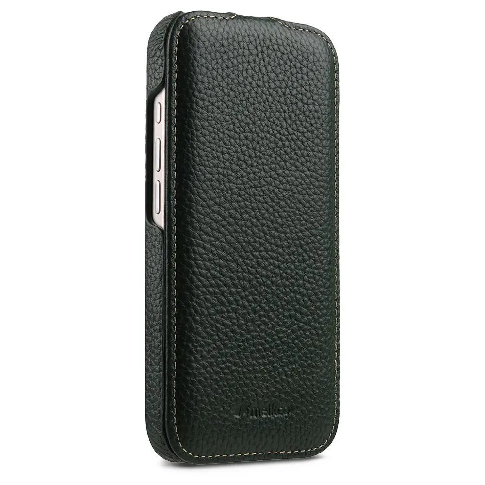 iPhone 17 – Étui Vertical MagSafe MELKCO Jacka en Cuir Véritable Litchi - Modèle vert foncé