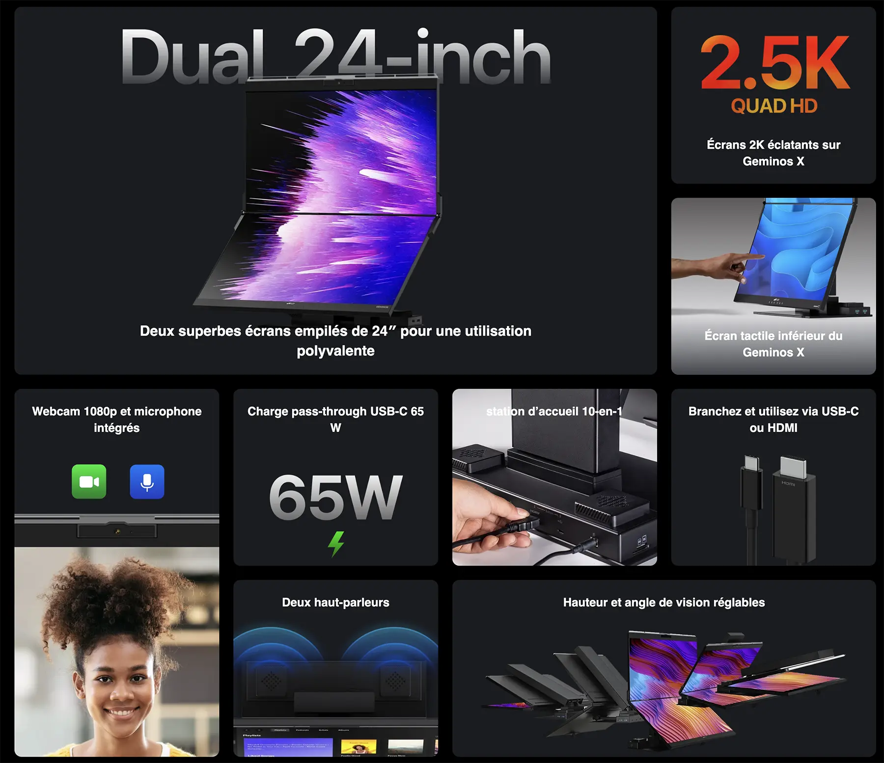 Mobile Pixels Geminos X - Double écran 24 pouces QHD 2.5K tactile avec station d'accueil USB-C intégrée