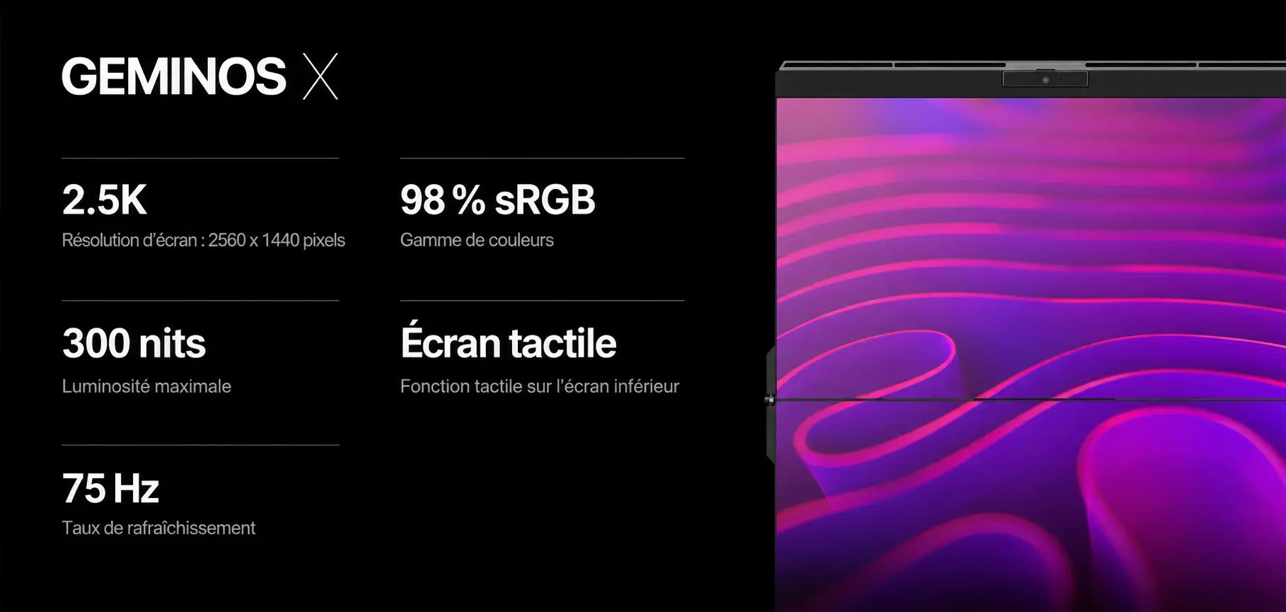 Mobile Pixels Geminos X - Écran QHD 2.5K, 98 % sRGB, 300 nits, 75 Hz et écran inférieur tactile
