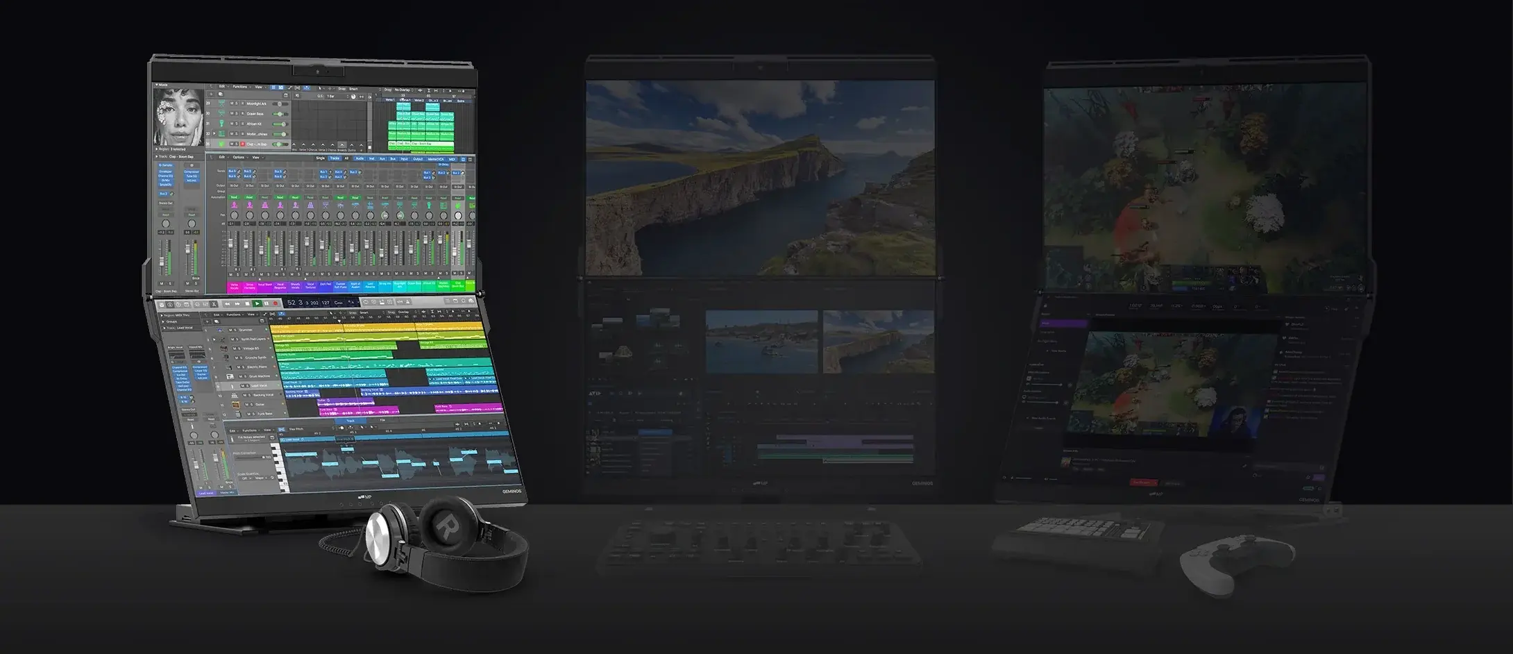 Mobile Pixels Geminos X utilisé par un musicien pour la production et le mixage audio