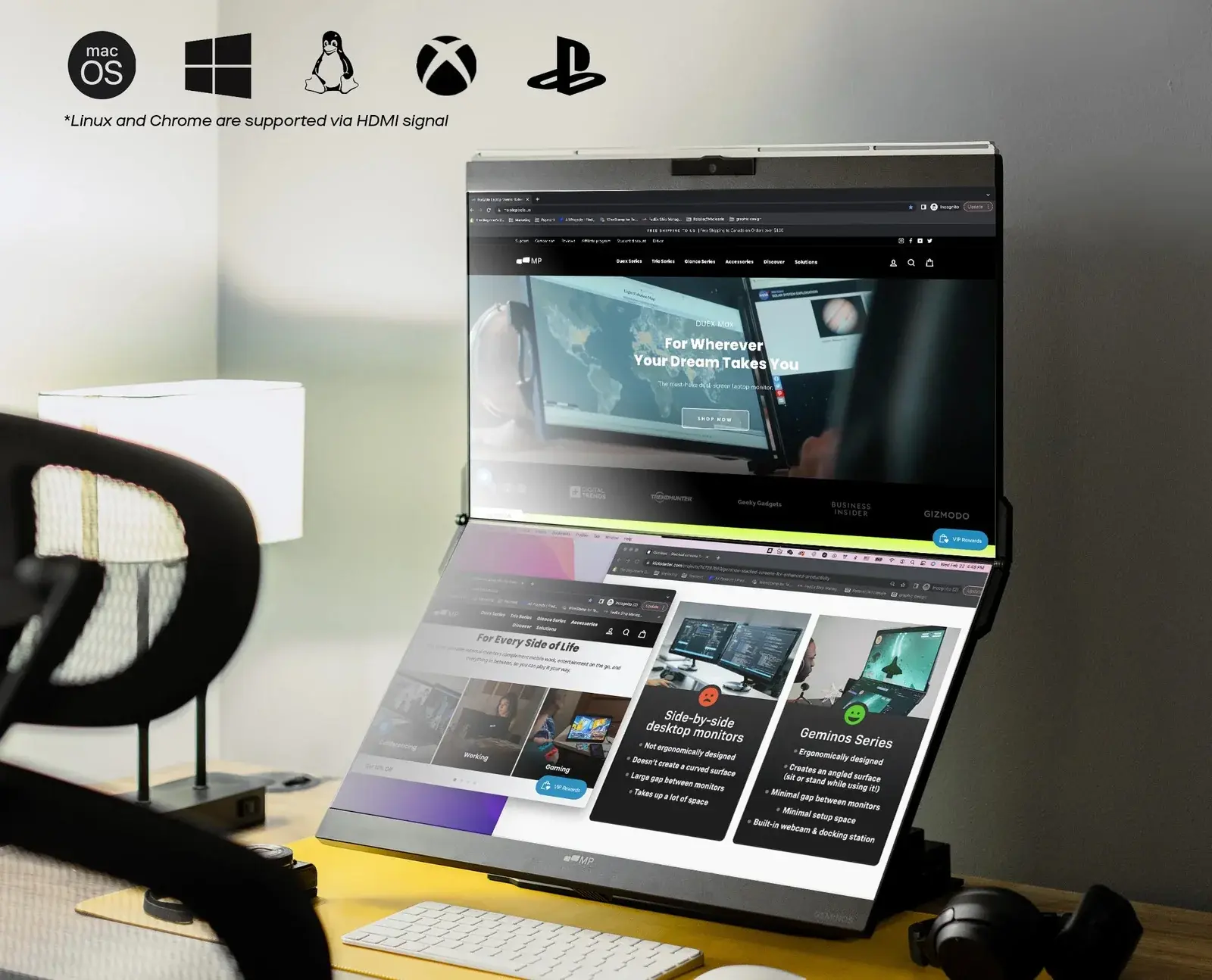 Mobile Pixels Geminos X compatible avec macOS, Windows, Linux, Xbox et PlayStation
