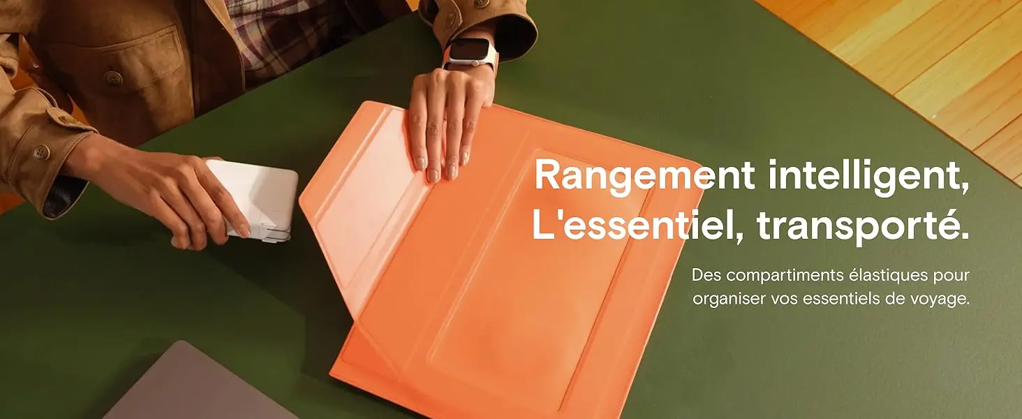 Rangement intelligent, l'essentiel transporté : des compartiments élastiques intégrés sous le rabat pour organiser vos essentiels de voyage comme le chargeur ou les câbles.