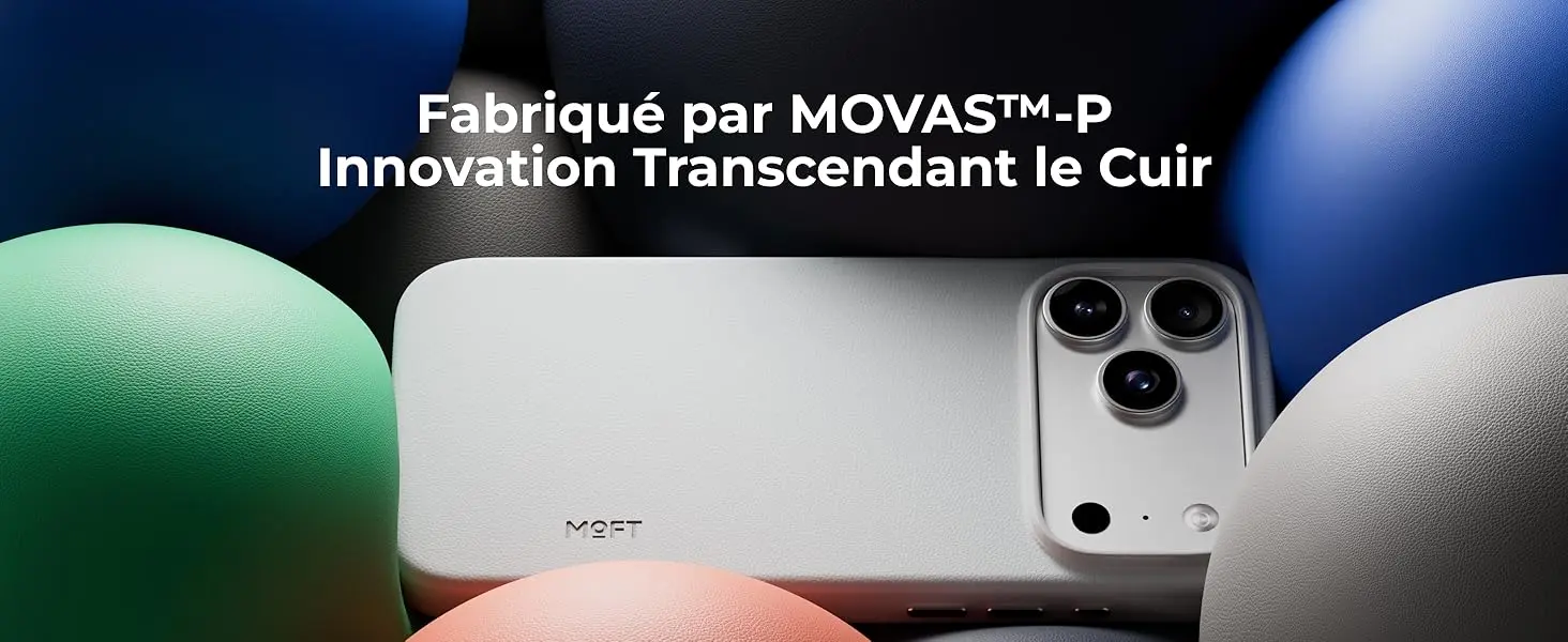 Coque MagSafe MOFT Snap pour iPhone 17 Pro Max fabriquée en cuir végan breveté MOVAS-P, une innovation transcendant le cuir entourée de sphères colorées
