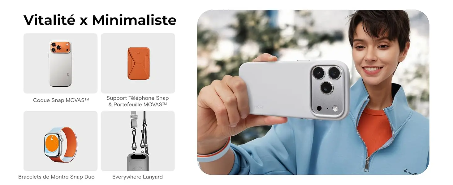 Écosystème Vitalité et Minimaliste MOFT pour iPhone 17 Pro Max comprenant la coque Snap MOVAS, le support et portefeuille magnétique, le bracelet de montre Snap Duo et le cordon Everywhere Lanyard