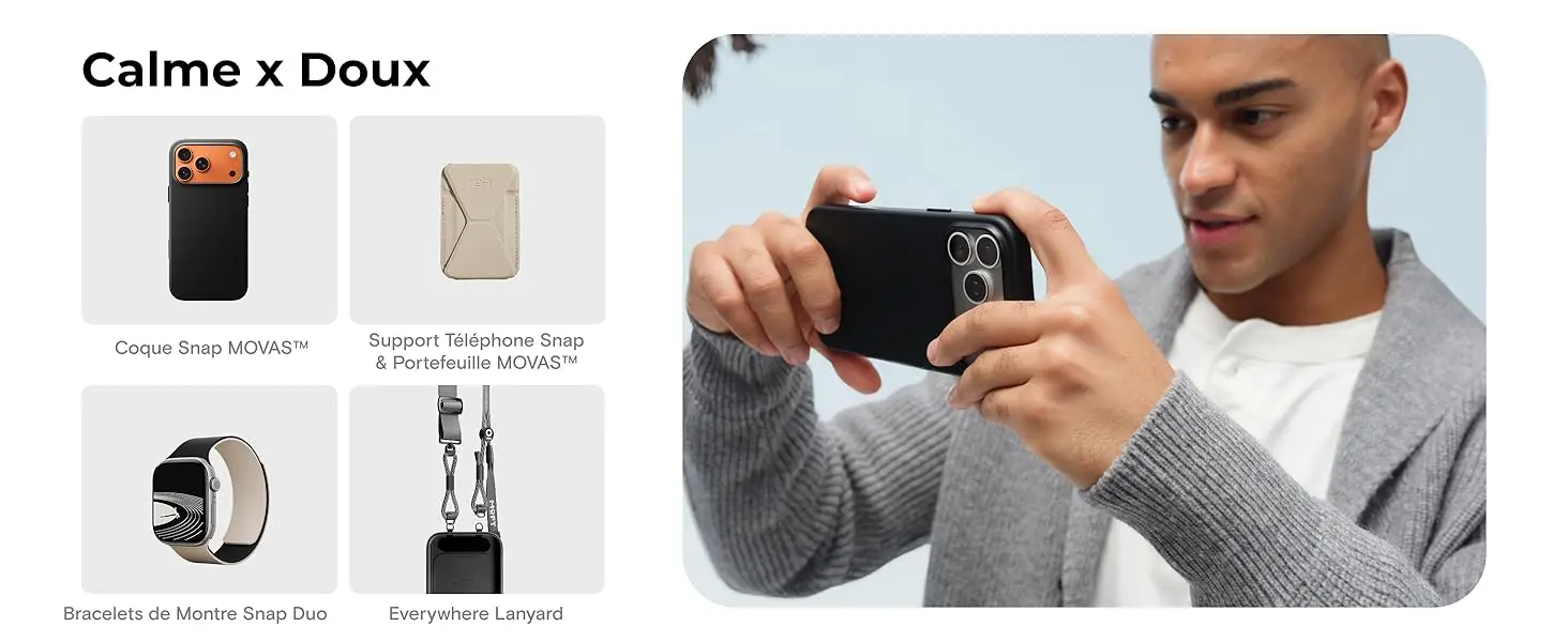 Gamme Calme et Doux de l'écosystème MOFT pour iPhone 17 Pro Max présentant l'association de la coque Snap MOVAS noire, du support portefeuille gris sable, du bracelet Snap Duo assorti et du Everywhere Lanyard