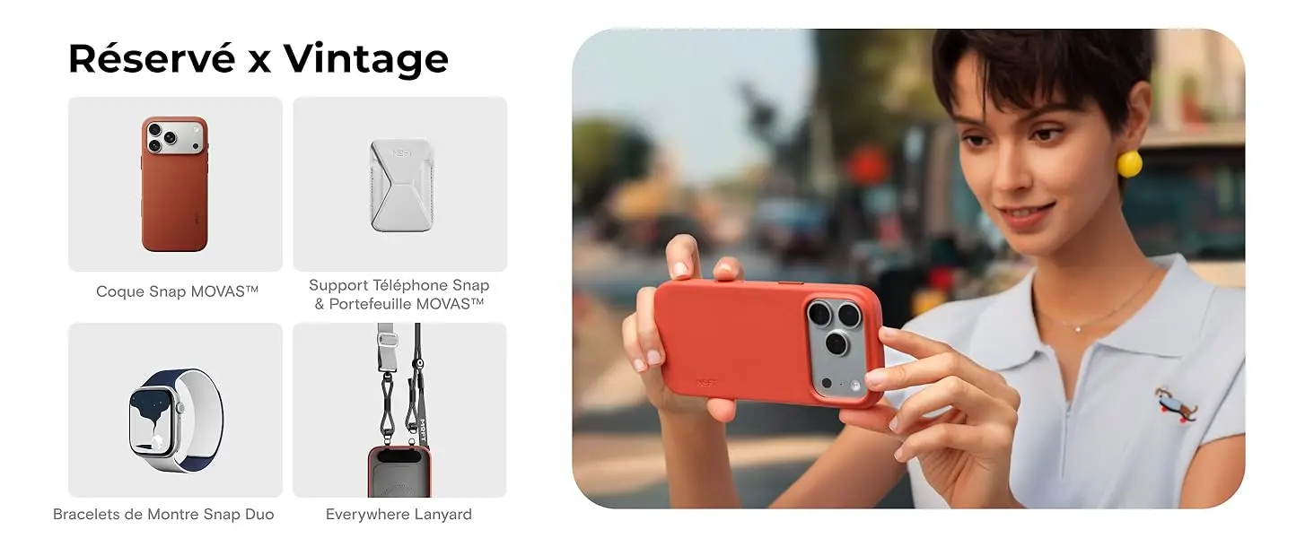 Collection Réservé et Vintage de l'écosystème MOFT pour iPhone 17 Pro Max présentant la coque Snap MOVAS terracotta marron, le support téléphone portefeuille gris clair, le bracelet de montre Snap Duo bleu et blanc et le cordon Everywhere Lanyard