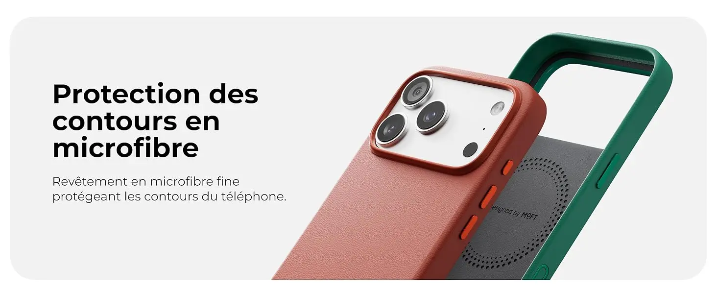 Gros plan sur la protection des contours en microfibre fine de la coque MOFT Snap MOVAS pour iPhone 17 Pro Max, illustrant le revêtement intérieur doux conçu pour protéger efficacement le châssis du téléphone contre les rayures