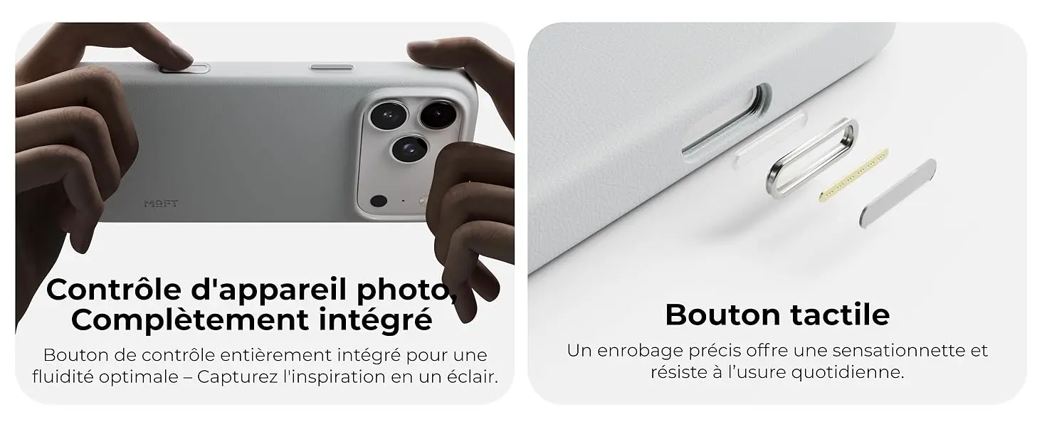 Détails techniques de la coque MOFT Snap MOVAS pour iPhone 17 Pro Max présentant le bouton de contrôle de l'appareil photo complètement intégré pour une fluidité optimale et vue éclatée de la structure du bouton tactile offrant une sensation nette et une résistance à l'usure quotidienne