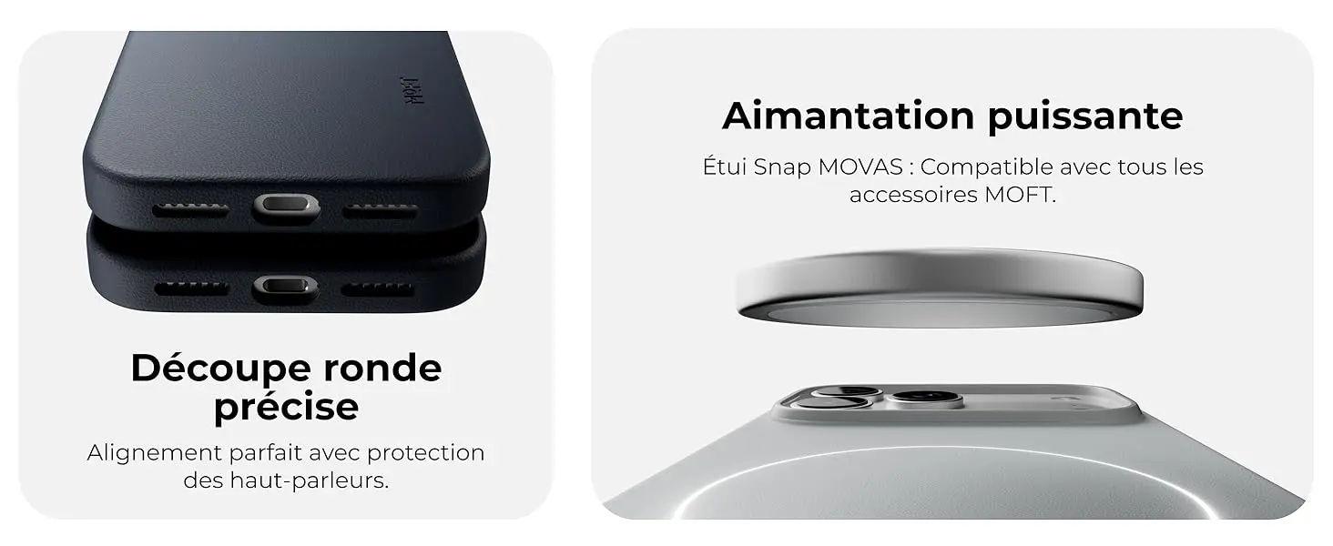 Caractéristiques techniques de la coque MOFT Snap MOVAS pour iPhone 17 Pro Max mettant en relief la découpe ronde précise assurant un alignement parfait avec protection des haut-parleurs, et la compatibilité MagSafe grâce à une aimantation puissante pour tous les accessoires de l'écosystème MOFT