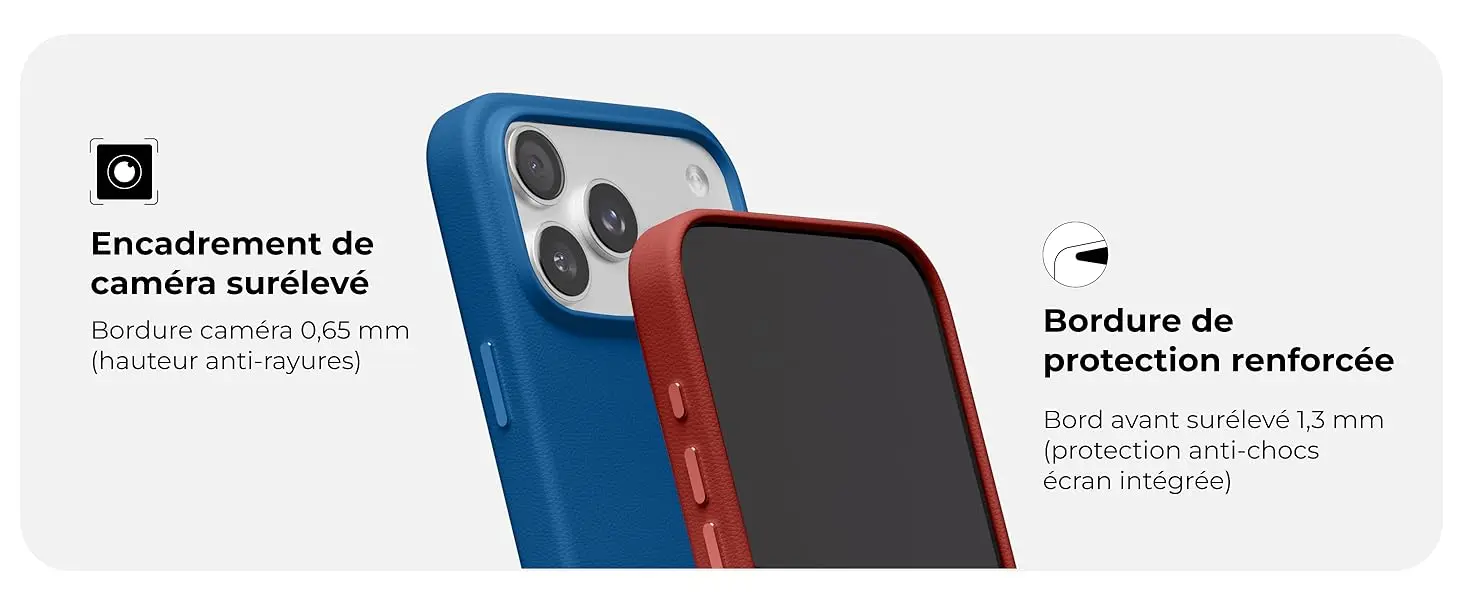 Détails de protection de la coque MOFT Snap MOVAS pour iPhone 17 Pro Max mettant en évidence l'encadrement de caméra surélevé de 0,65 mm pour une hauteur anti-rayures et la bordure de protection renforcée avec un bord avant surélevé de 1,3 mm pour une protection anti-chocs écran intégrée