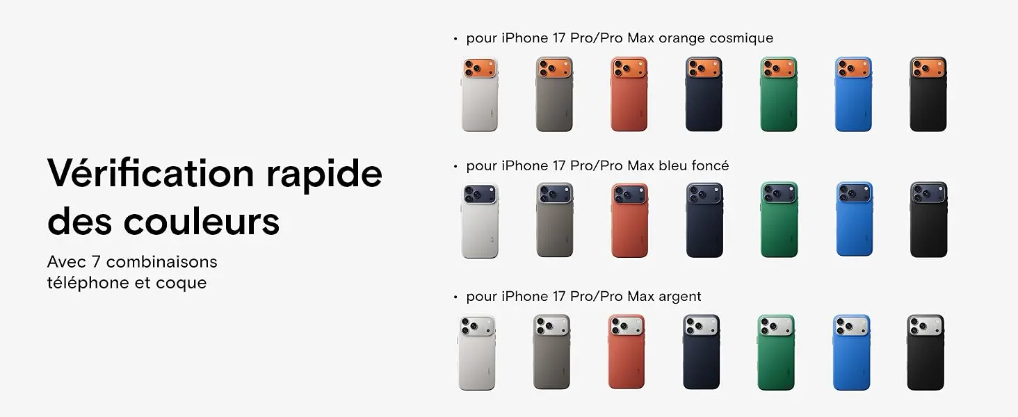 Guide de vérification rapide des couleurs pour la coque MOFT Snap MOVAS sur iPhone 17 Pro et Pro Max, présentant un tableau de 7 combinaisons de couleurs de coques adaptées sur les finitions de téléphones orange cosmique, bleu foncé et argent