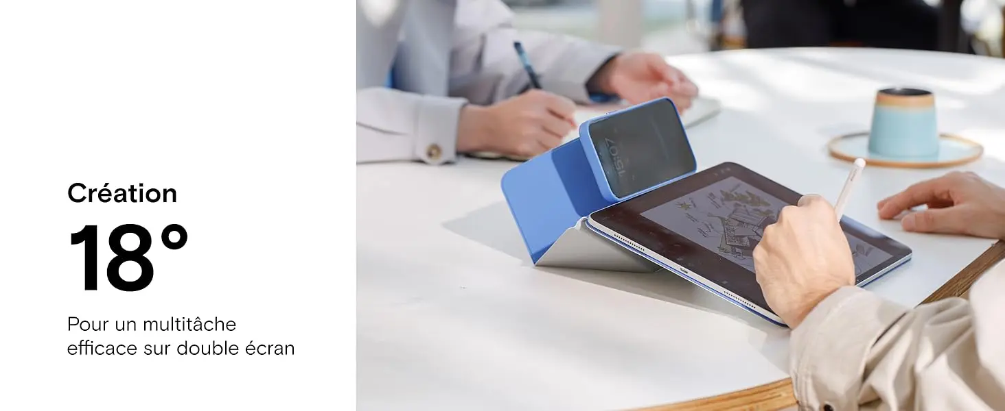 Angle de création orienté à 18 degrés combiné à un support magnétique pour smartphone offrant une configuration multitâche efficace sur double écran pour travailler et prendre des notes au stylet.