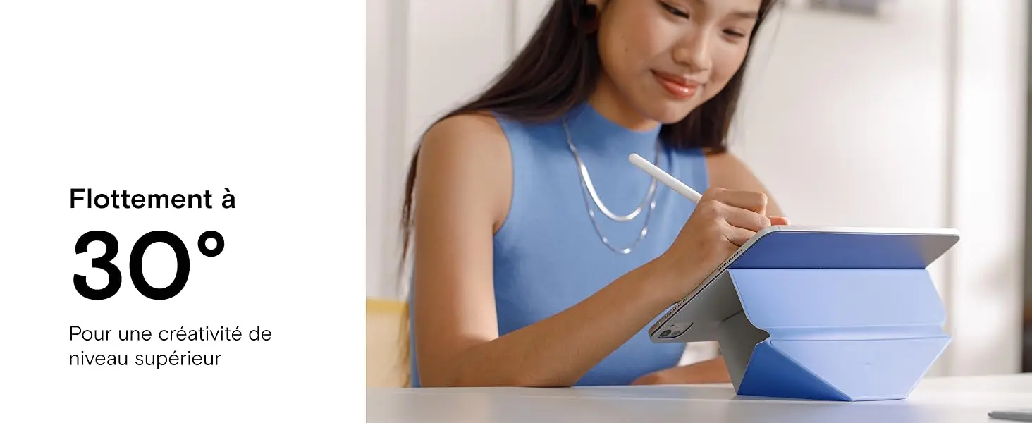 Mode flottant innovant surélevé avec une inclinaison à 30 degrés de l'étui MOFT Dynamic Folio offrant une hauteur ergonomique supérieure pour stimuler la créativité et le confort visuel.