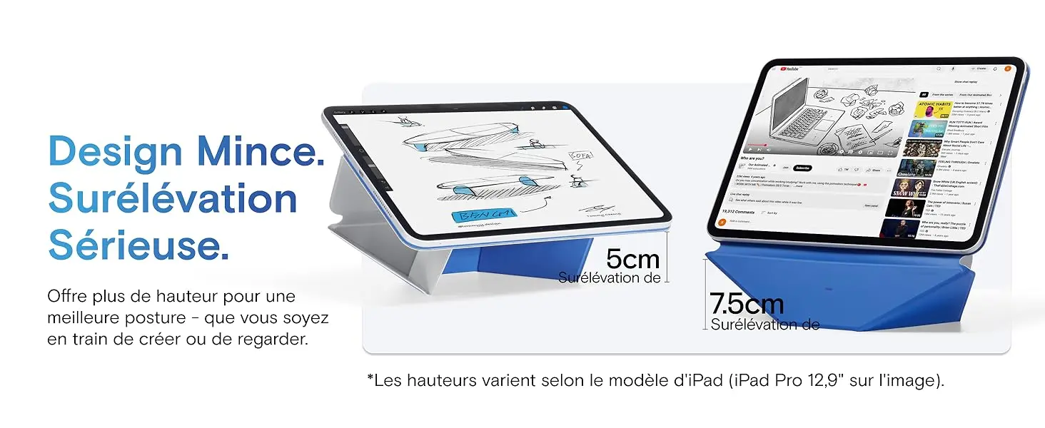 Fonction de surélévation ergonomique de 5 cm à 7,5 cm avec l'étui support MOFT Dynamic Folio pour iPad garantissant une meilleure posture pour la création ou le visionnage de vidéos.