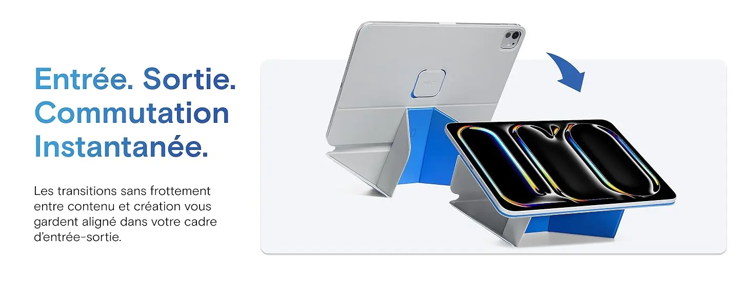 Commutation et transition instantanée sans frottement entre le mode consultation de contenu et le mode création écrite grâce à la structure pliable innovante du support iPad.
