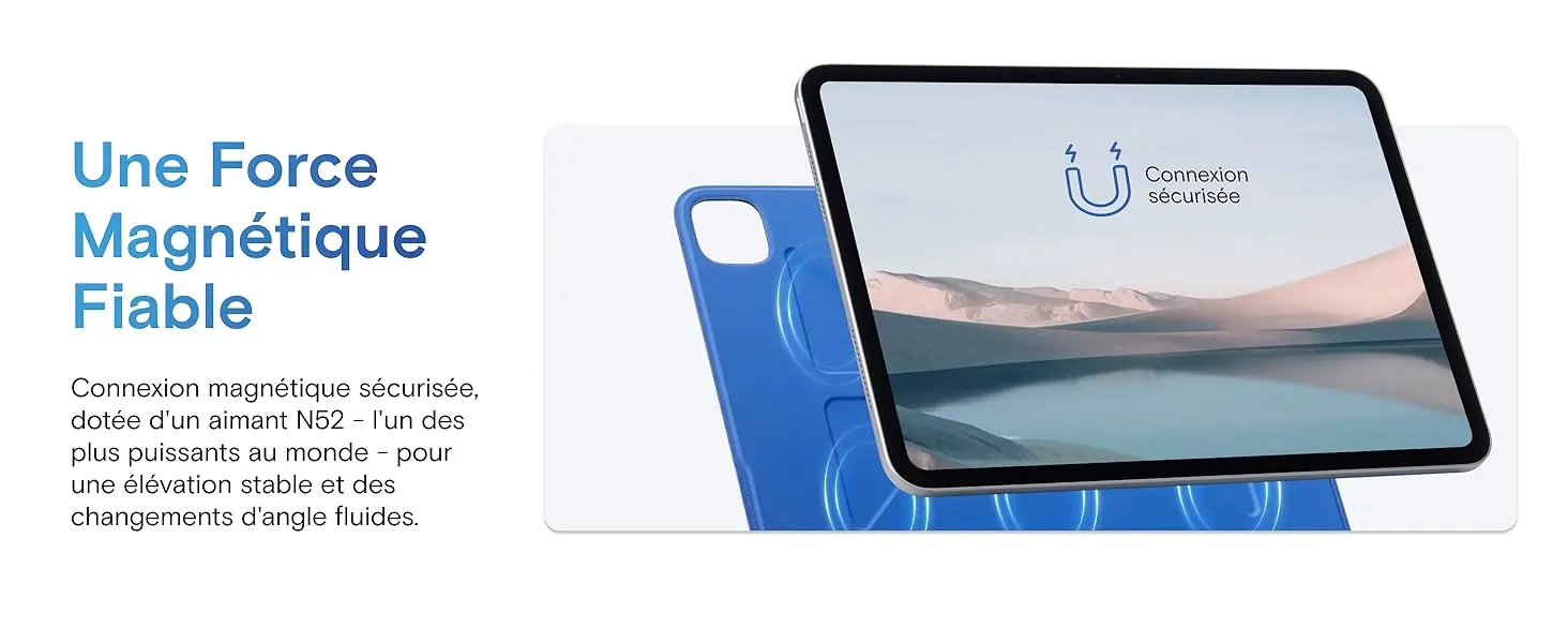 Puissante connexion magnétique intégrée dotée d'un aimant N52 pour une fixation sécurisée, une élévation stable de l'iPad et des changements d'angle fluides.