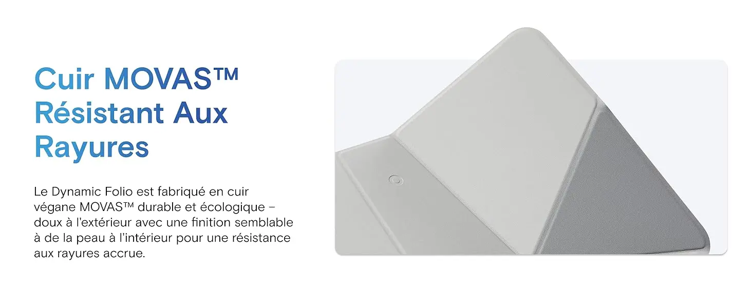 Revêtement premium en cuir végan MOVAS durable, écologique et résistant aux rayures offrant une finition douce et une protection renforcée pour votre iPad.