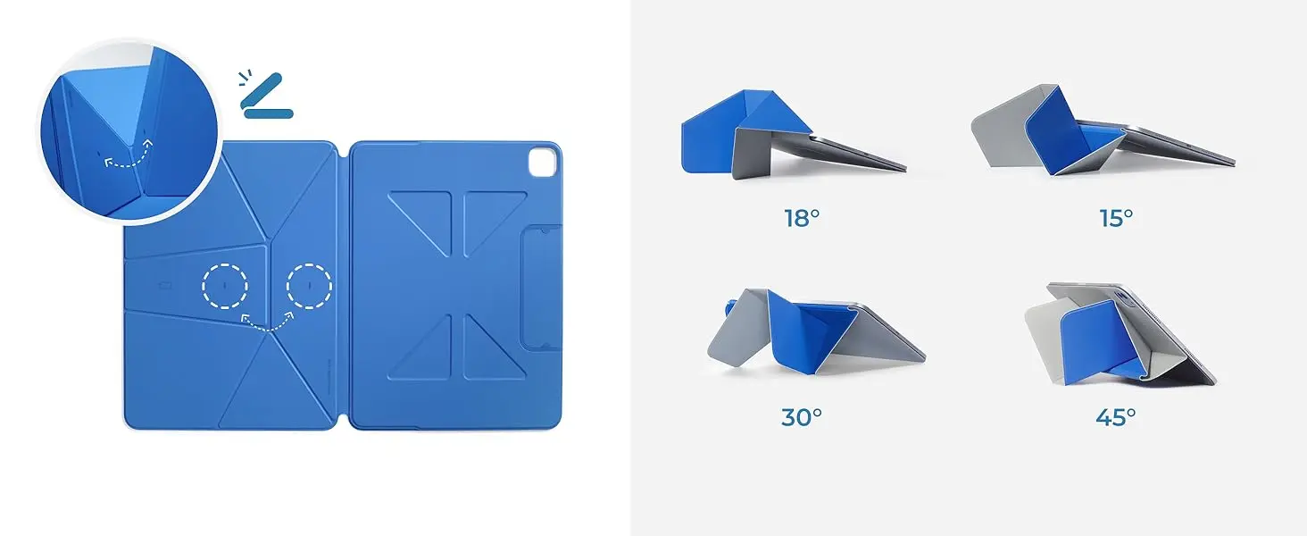 Guide de pliage magnétique de l'étui support MOFT Dynamic Folio pour iPad illustrant les angles d'inclinaison de 15, 18, 30 et 45 degrés adaptés pour dessiner ou écrire confortablement au stylet.