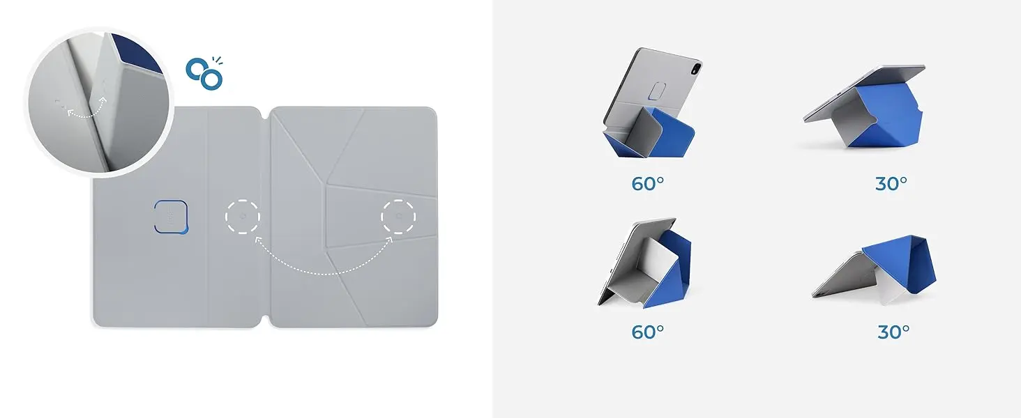 Configuration des fixations magnétiques de la béquille pliable offrant de multiples positions de visionnage à 30 et 60 degrés pour optimiser l'affichage de l'iPad en mode paysage.