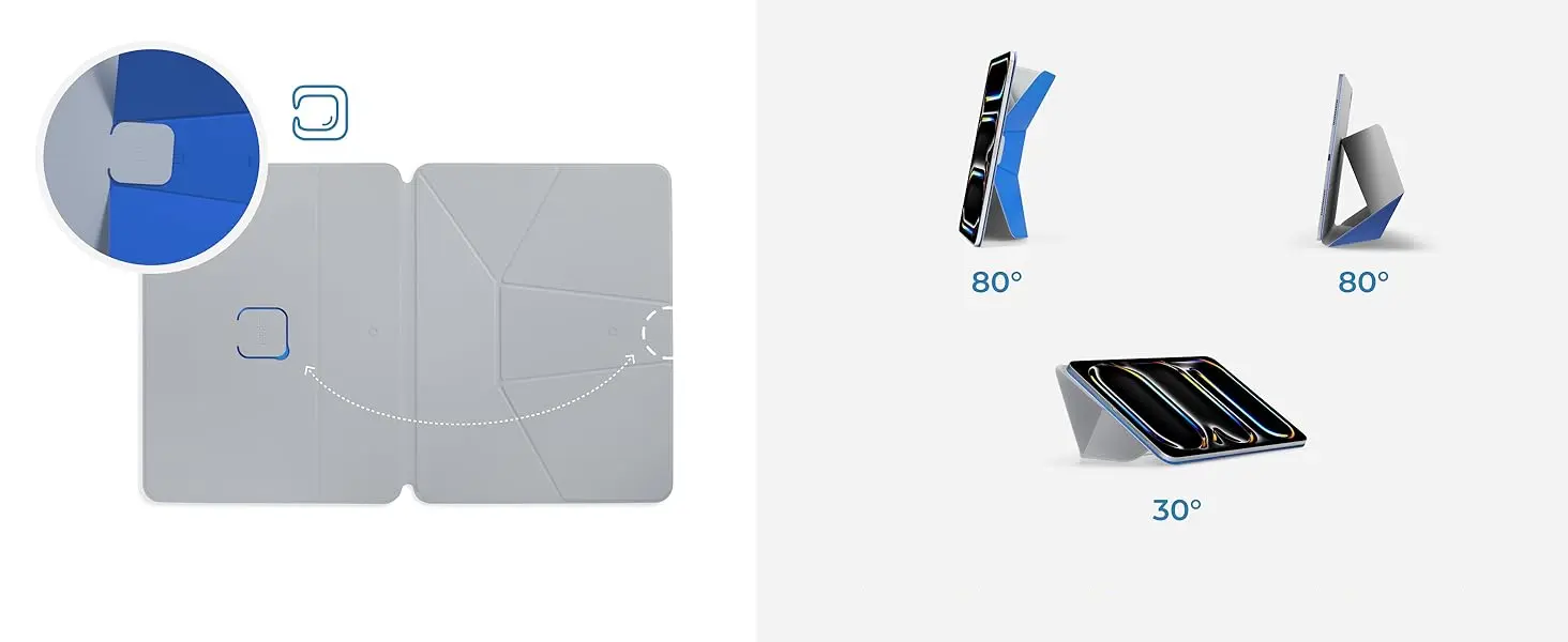 Aperçu des aimants internes pour l'alignement de la structure et les positions d'affichage vertical à 80 degrés ou d'écriture ergonomique à 30 degrés sur l'étui intelligent pour iPad.