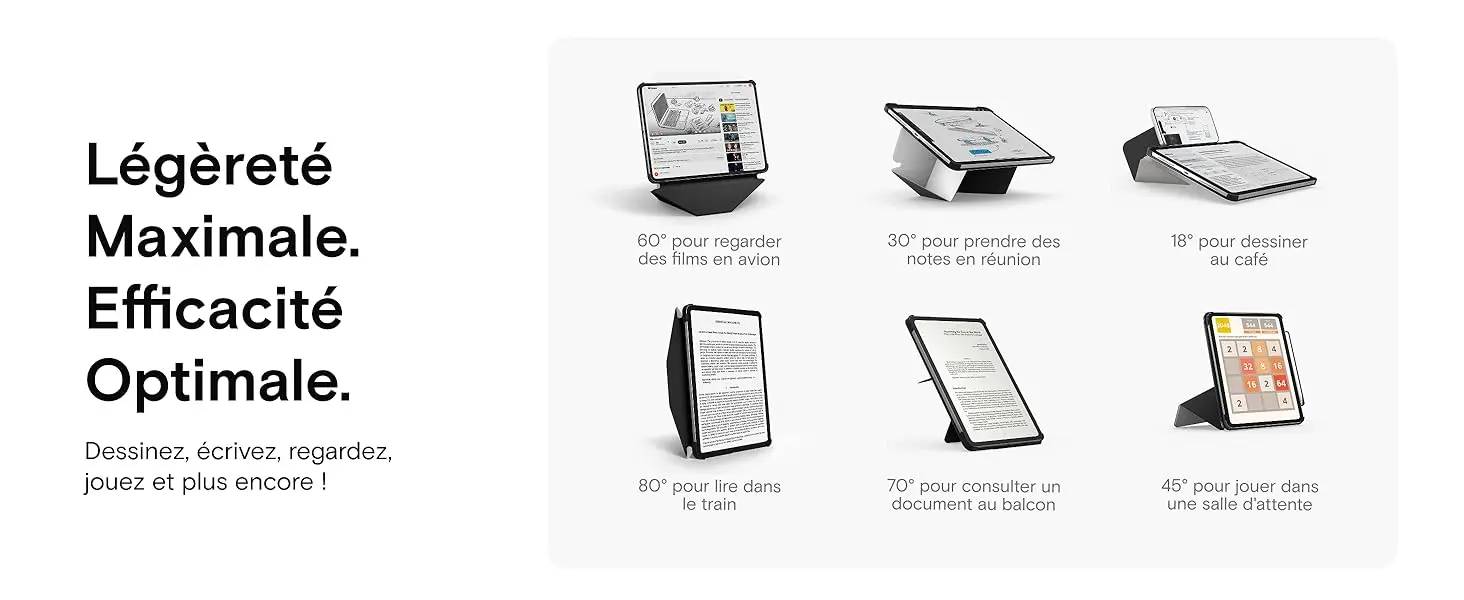 Présentation des 6 angles d'inclinaison de l'étui MOFT Dynamic Folio pour iPad : 60 degrés pour les films en avion, 30 degrés pour prendre des notes en réunion, 18 degrés pour dessiner au café, 80 degrés pour lire dans le train, 70 degrés pour consulter un document au balcon et 45 degrés pour jouer dans une salle d'attente.