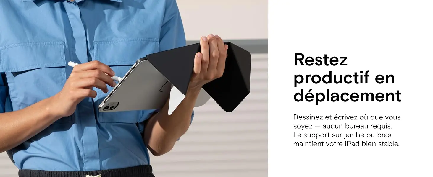 Utilisation de l'iPad en déplacement grâce au support sur jambe ou sur bras de l'étui MOFT Dynamic Folio garantissant une stabilité parfaite pour dessiner et écrire n'importe où sans bureau requis.