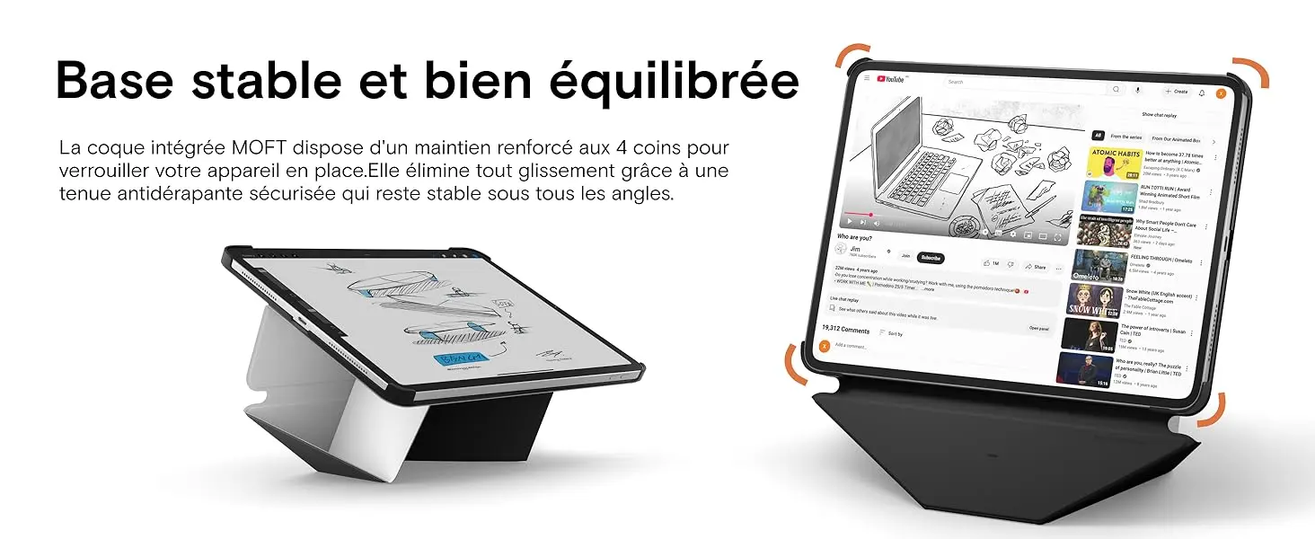 Base stable et bien équilibrée de l'étui MOFT Dynamic Folio avec coque intégrée à maintien renforcé aux quatre coins et tenue antidérapante.