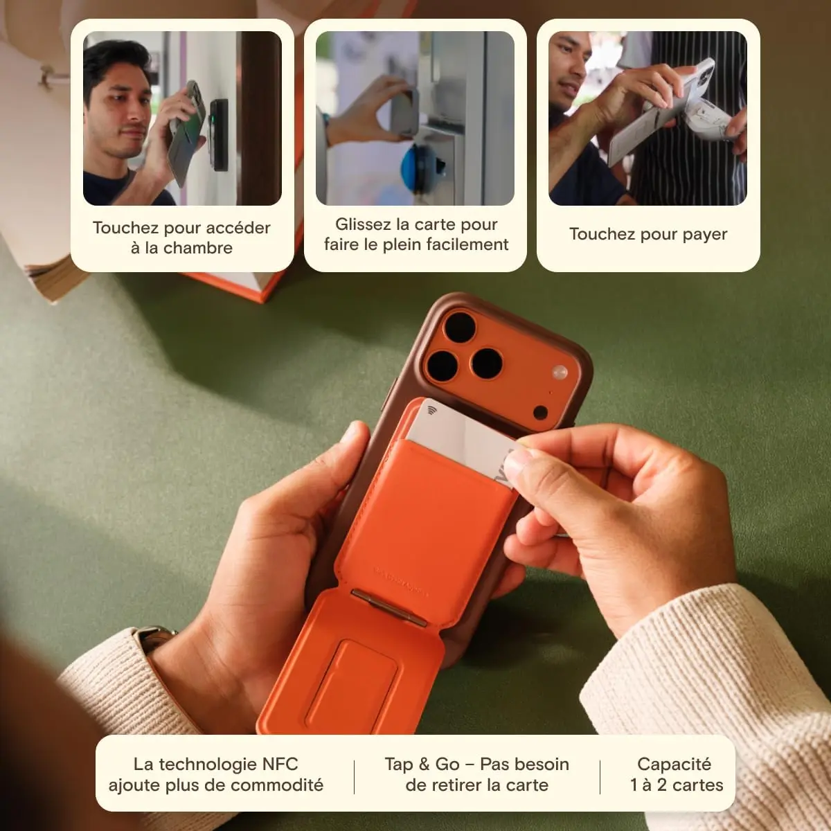 Fonctionnalités NFC et porte-cartes du portefeuille MOFT Snap : accès par badge, glissement de carte et paiement sans contact Tap and Go. Capacité de 1 à 2 cartes.