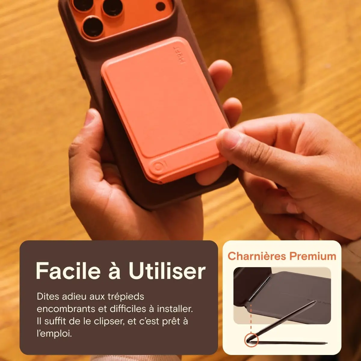 Simplicité d'installation du support magnétique MOFT à clipser directement, mettant en avant la résistance des charnières premium intégrées.